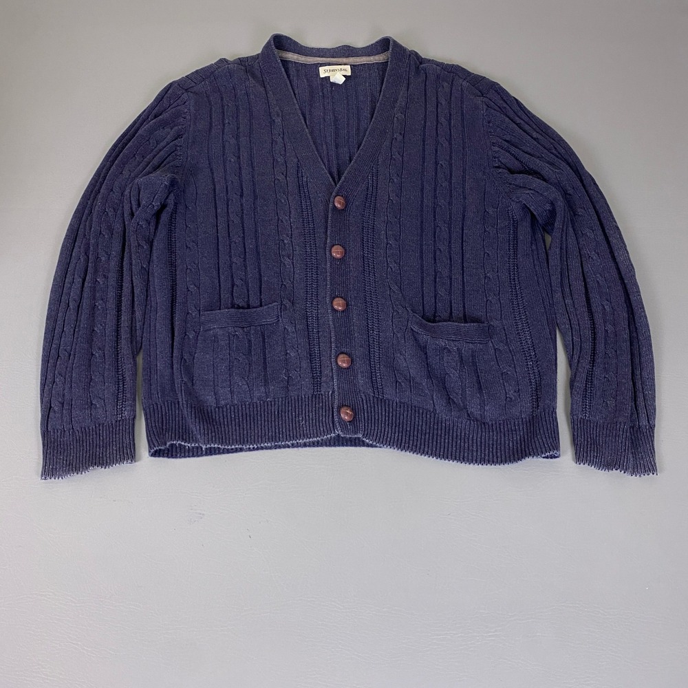 St Johns Bay Cardigan Sweater Men's Large Navy Blue Cable Knit Button Up V-Neck